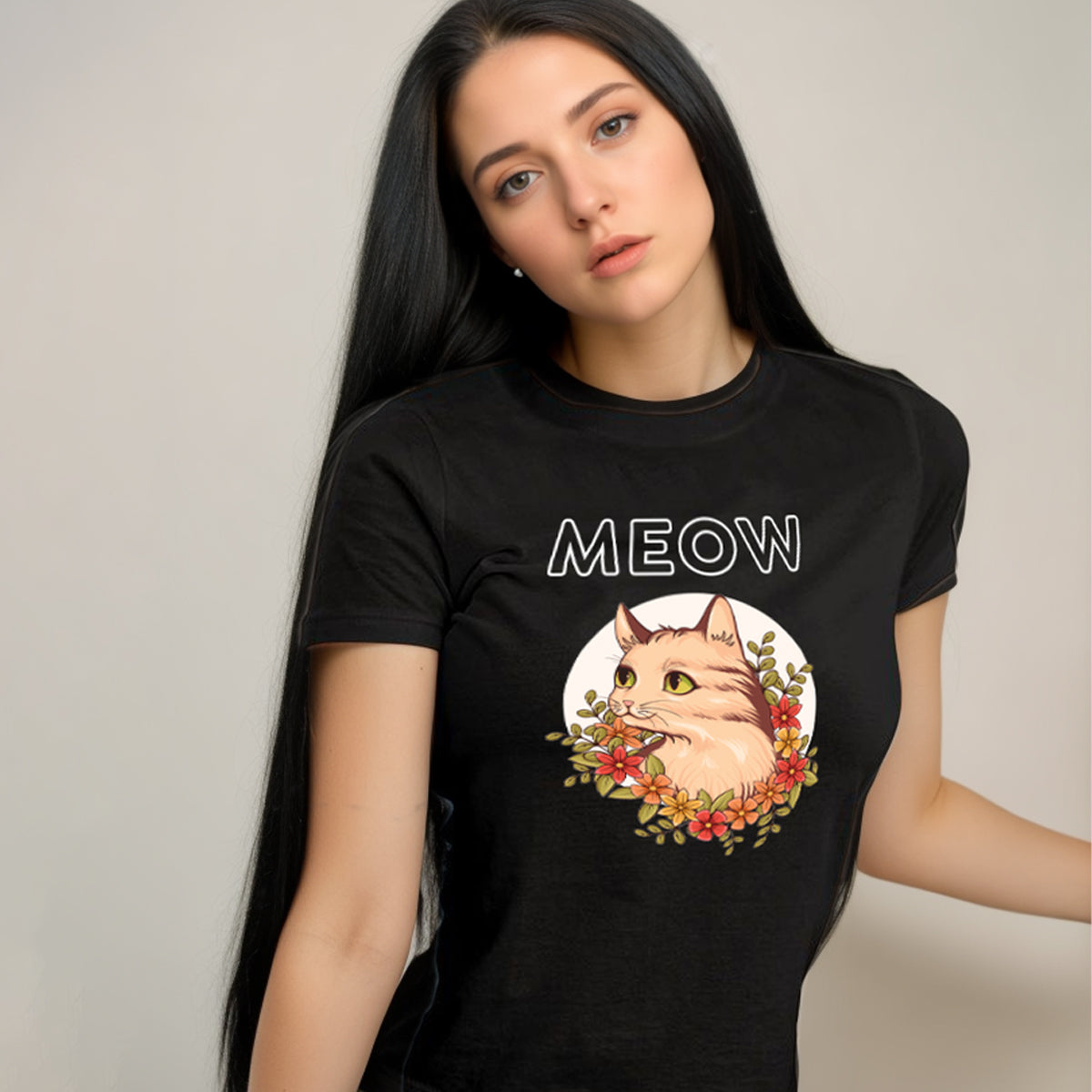 "Meow" - Half Sleeves Round Neck TShirt